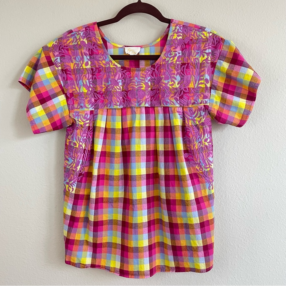 Layerz Clothing Floral Embroidery Multicolor Plaid Short Sleeve Blouse Size S